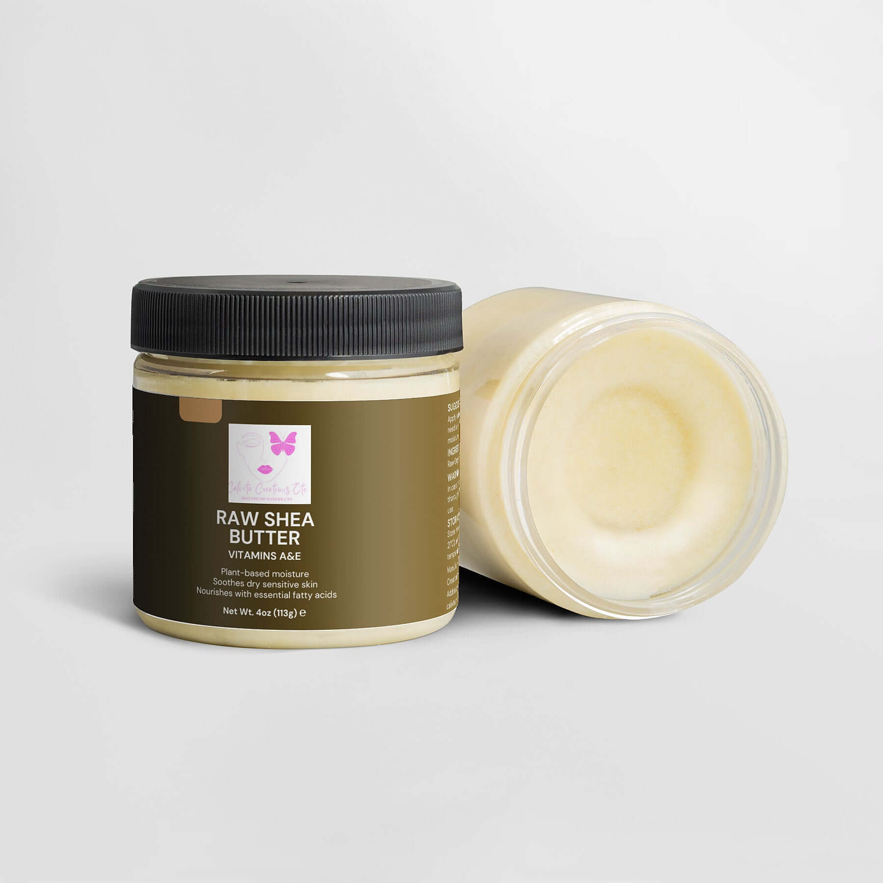 Organic raw shea butter jar, rich in plant-based moisture, unrefined, 100% vegan, cruelty-free moisturizer for skin and hair.