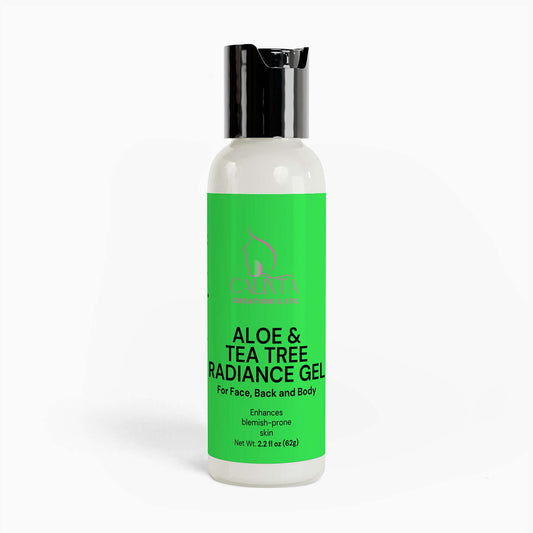 Hydrating Aloe and Tea Tree Radiance Gel in a clear container, designed to soothe and clarify skin, featuring natural ingredients like aloe vera and tea tree oil