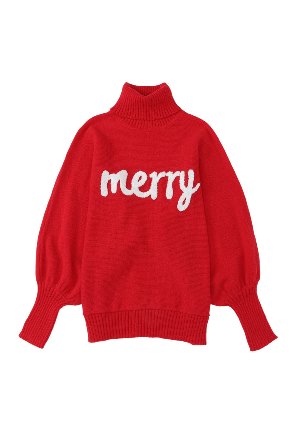 Red Turtle Neck Batwing Sleeve Merry Christmas Sweater