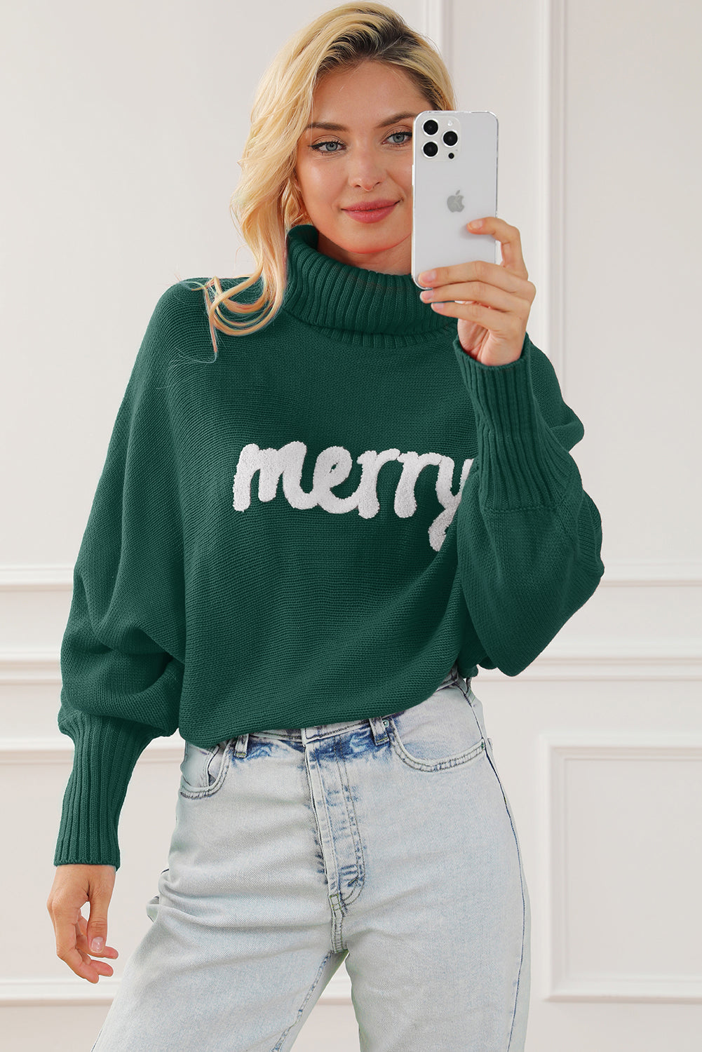 Red Turtle Neck Batwing Sleeve Merry Christmas Sweater